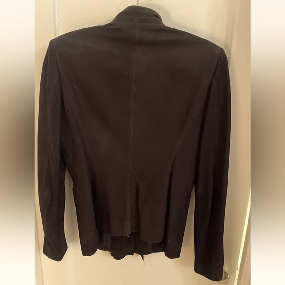 AUTH - YSL - Yves Saint Laurent Black Ruffle Front Suede Jacket, Size 42 - Picture 2 of 4